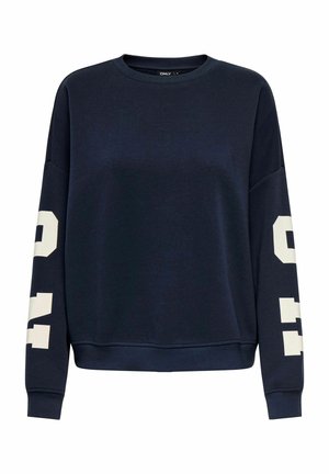 Sweat-shirt bleu marine à col rond, manches longues, avec un texte contrastant crème sur les manches. Confectionné en tissu doux avec une coupe décontractée.