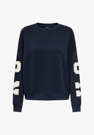 Sweat-shirt bleu marine à col rond, manches longues, avec un texte contrastant crème sur les manches. Confectionné en tissu doux avec une coupe décontractée.