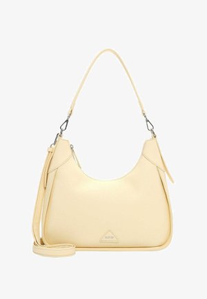 Bolso de mano de cuero beige con correas cortas y largas desmontables, herrajes en color plata y un pequeño logo de marca en relieve en el frente.