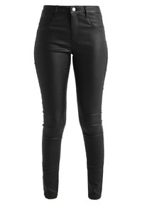 Black high-waisted slim-fit faux leather pants with front pockets, zipper, button closure, and ankle-length tapered legs.