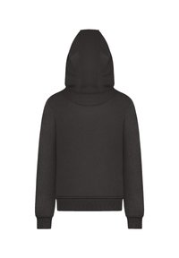 Schwarzer Hoodie mit einer enganliegenden Passform, strukturiertem Stoff, verstellbarem Kordelzugkapuze und gerippten Bündchen und Saum. Rückansicht zeigt glatte Nähte.