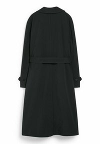 Black long coat with a collar, belted waist, and buttoned cuffs, featuring a smooth texture and minimalistic design.