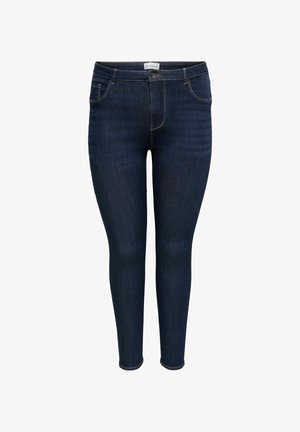 Tamsiai mėlynos siaurėlės džinsinės kelnės iš džinsinio audinio, su klasikiniu penkių kišenių dizainu, priekinėmis užtrauktuko detalėmis ir siūlės akcentais. Lygus tekstūros paviršius.