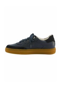 Sneaker in pelle scura e camoscio con punta rotonda, lacci bicolore e suola in gomma naturale, caratterizzato da dettagli perforati sulla scatola delle dita.