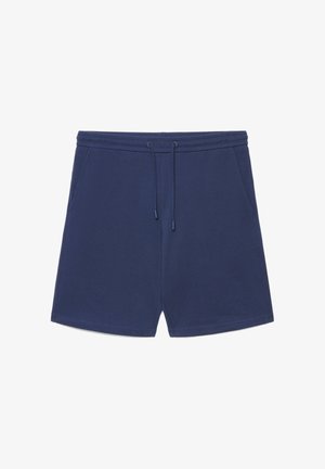 Navy blue casual shorts with elastic waistband, adjustable drawstring, and side pockets, designed for comfort and everyday wear.