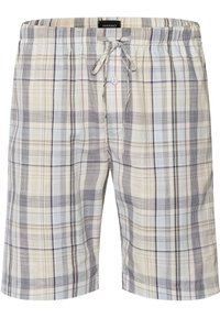 Pantalones cortos de cuadros en tonos azul claro, amarillo y gris. Fabricados con una tela suave, cuentan con una cinturilla elástica y un cierre con cordón.