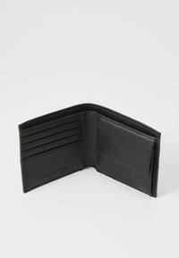 Black leather wallet with a bifold design. Features multiple card slots and a transparent ID pocket. Smooth texture with minimal branding.