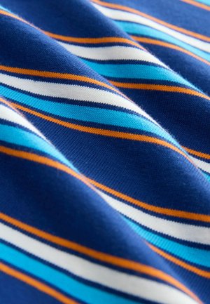 Kootud kangas diagonaalsete triipudega tumesinisest, helesinisest, valgest ja oranžist. Pehme tekstuur ja sile viimistlus.