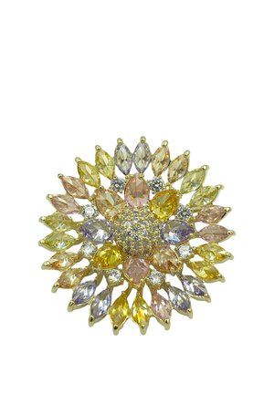 Spilla in oro e gemme multicolori disposte in un motivo floreale simmetrico con forme a marquise e a pera.