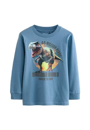 Blaues Langarm-T-Shirt aus Baumwolle mit einem Dinosaurier-Graphic, kreisförmigem Hintergrund und dem Text "Dinosaurier-Welt."