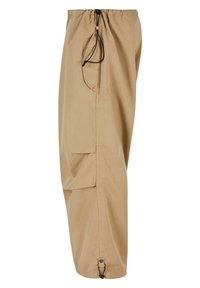 Beige cargo bukser med snørebånd i taljen, sidelommer og elastiske manchetter. Fremstillet af et let materiale med en glat tekstur.