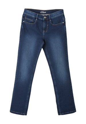 Jeansy z ciemnoniebieskiego denimu o prostym kroju, z pięcioma kieszeniami i zapięciem na guzik. Charakteryzują się jasnym przeszyciem i logo marki na pasku w talii.