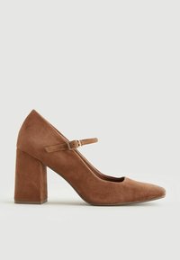 Brown suede high heel shoe with a pointed toe, adjustable ankle strap, and a square block heel. Smooth texture and minimal accents.