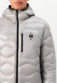 Zilveren pufferjack met een gestructureerd, gequilt ontwerp. Beschikt over een hoge kraag, een ritszak aan de voorkant en branding op de borst.
