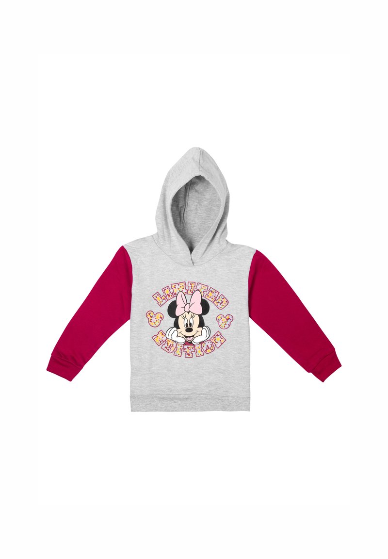 Felpa grigia con maniche rosa e una grafica di un personaggio. Presenta un design frontale con il testo "EDIZIONE LIMITATA" in colori vivaci.