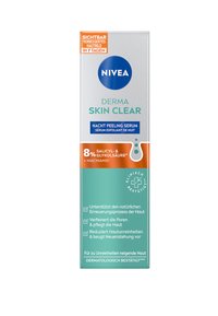 NIVEA Derma Skin Clear Nacht Peeling Serum box, white and teal design with orange accents and text, featuring a circular blue logo and ingredient details.