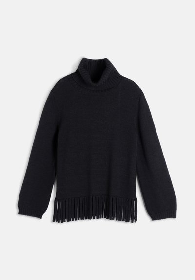 Pull en maille noir à col roulé avec manches longues et ourlet à franges posé à plat sur un fond blanc.