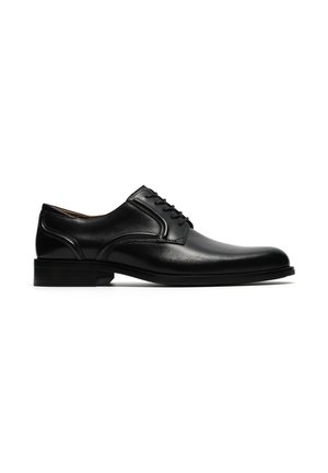 Black leather men's formal lace-up shoe with low heel, smooth finish, and rounded toe shown in side profile on white background.