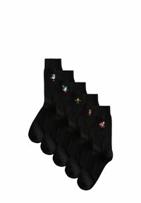 Sosete negre din bumbac cu cinci personaje brodate distincte, inclusiv un ciclist și diverse desene jucăușe, având o textură netedă.