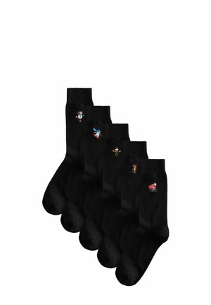 Čierne bavlnené ponožky s piatimi rôznymi vyšitými postavami, vrátane cyklistu a rôznych hravých dizajnov, s hladkou textúrou.