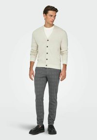 Lichtgrijze cardigan met V-hals, knoopsluiting aan de voorkant, lange mouwen; gecombineerd met donker geruite broek en zwarte schoenen; gladde textuur, moderne pasvorm.