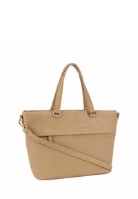 Sac à main synthétique beige avec double poignée et une bandoulière amovible. Présente des accessoires en métal doré et un motif de surface texturée.