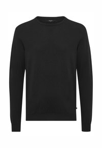 Black pullover sweater made of soft knit material, featuring a round neckline, long sleeves, and a ribbed hem with a slight texture.