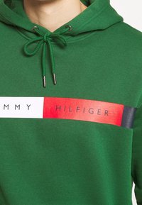 Zielona bluza z kapturem zawiązana na kokardkę, z poziomym paskiem w kolorach czerwonym, białym i granatowym z napisem "Tommy Hilfiger" na wysokości klatki piersiowej.