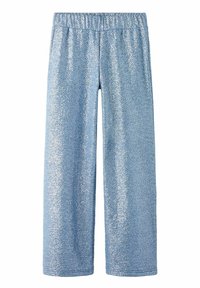 Pantalon large bleu clair avec une texture pailletée. Doté d'une taille élastique et d'une coupe ample, adapté pour un usage décontracté ou festif.