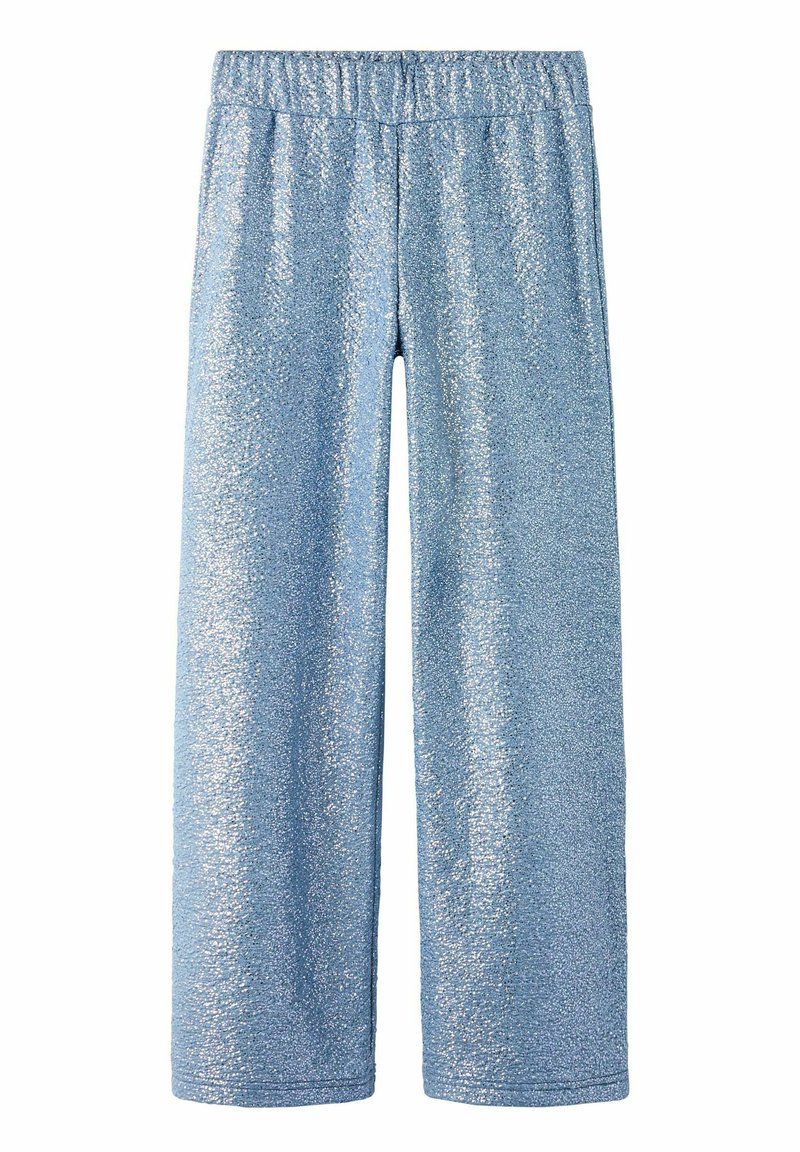 Pantalon large bleu clair avec une texture pailletée. Doté d'une taille élastique et d'une coupe ample, adapté pour un usage décontracté ou festif.