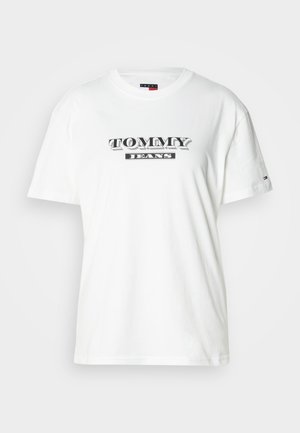 Valge puuvillane T-särk ümarselja kaelusega, millel on rinnal musta ja hõbedast "TOMMY JEANS" logo ning väike logo varrukal.