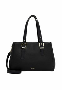 Sac à main en cuir noir avec une surface texturée, deux poignées courtes et une bandoulière longue amovible. Doté d'accents en matériel doré.