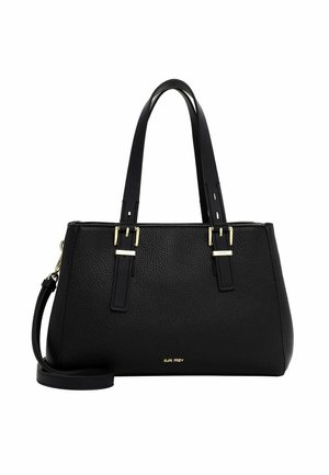 Black leather handbag with textured surface, two short handles, and a detachable long strap. Features gold-tone hardware accents.