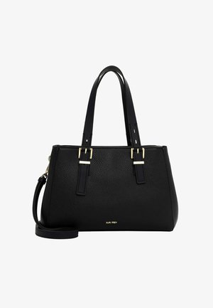 Melnas ādas rokassomu ar teksturētu virsmu, diviem īsiem rokturiem un noņemamu garo siksnu. Iezīmējas ar zeltīta tonī kaltām detaļām.