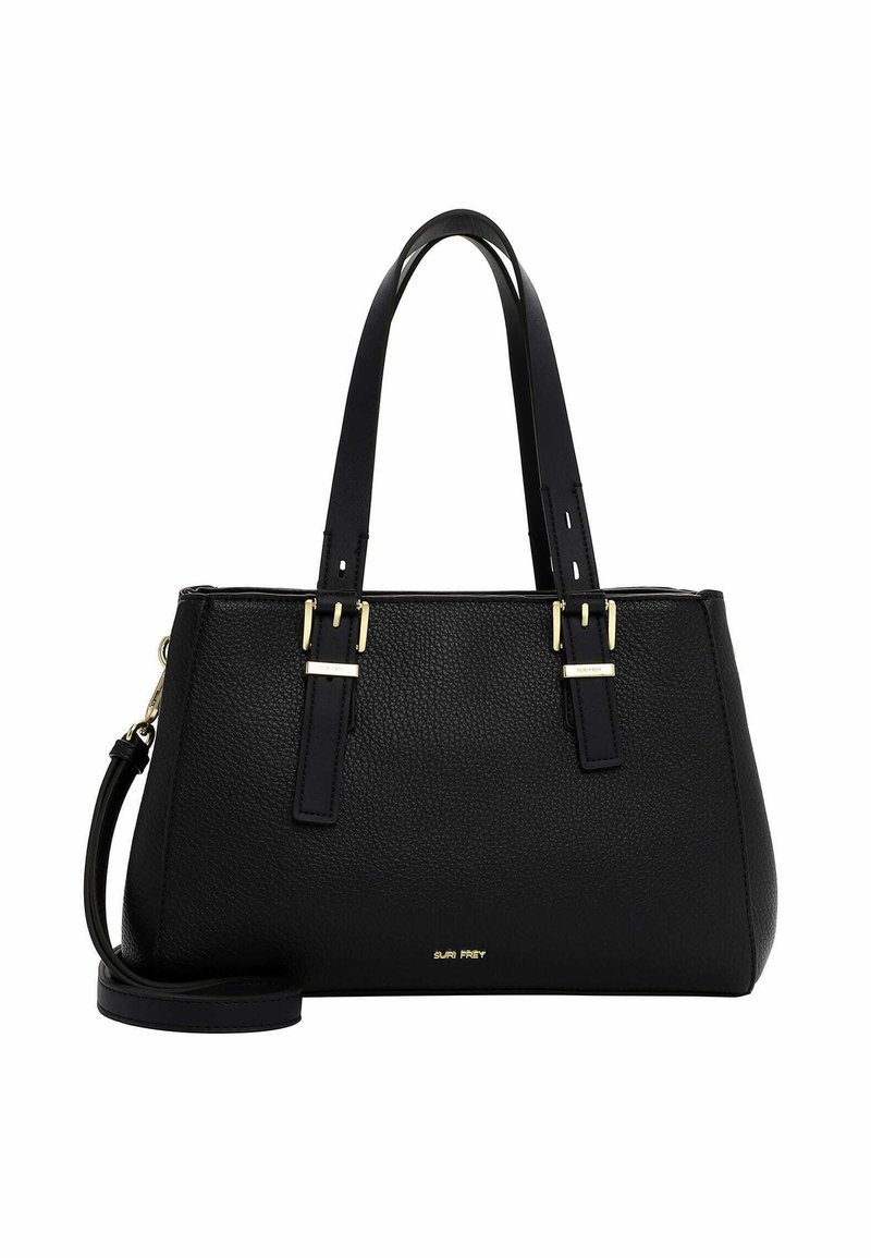 Sac à main en cuir noir avec une surface texturée, deux poignées courtes et une bandoulière longue amovible. Doté d'accents en matériel doré.