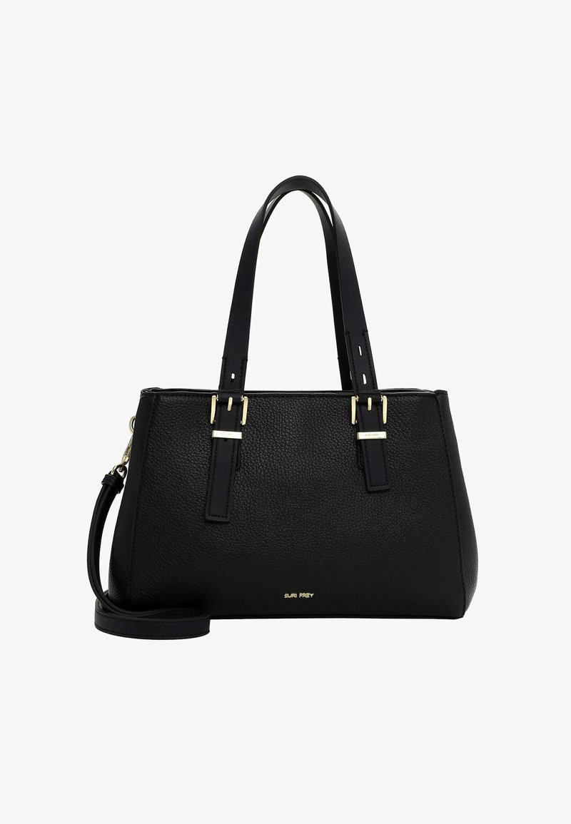 Melnas ādas rokassomu ar teksturētu virsmu, diviem īsiem rokturiem un noņemamu garo siksnu. Iezīmējas ar zeltīta tonī kaltām detaļām.