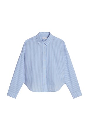 Blauw-wit gestreept hemd met lange mouwen, een kraag, knopen aan de voorkant en een cropped ontwerp. Lichtgewicht stof met een gladde textuur.
