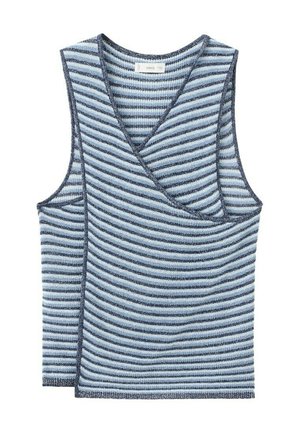 Haut tricoté sans manches à rayures horizontales bleues et blanches, présentant un col en V et un design enveloppant à l'avant.