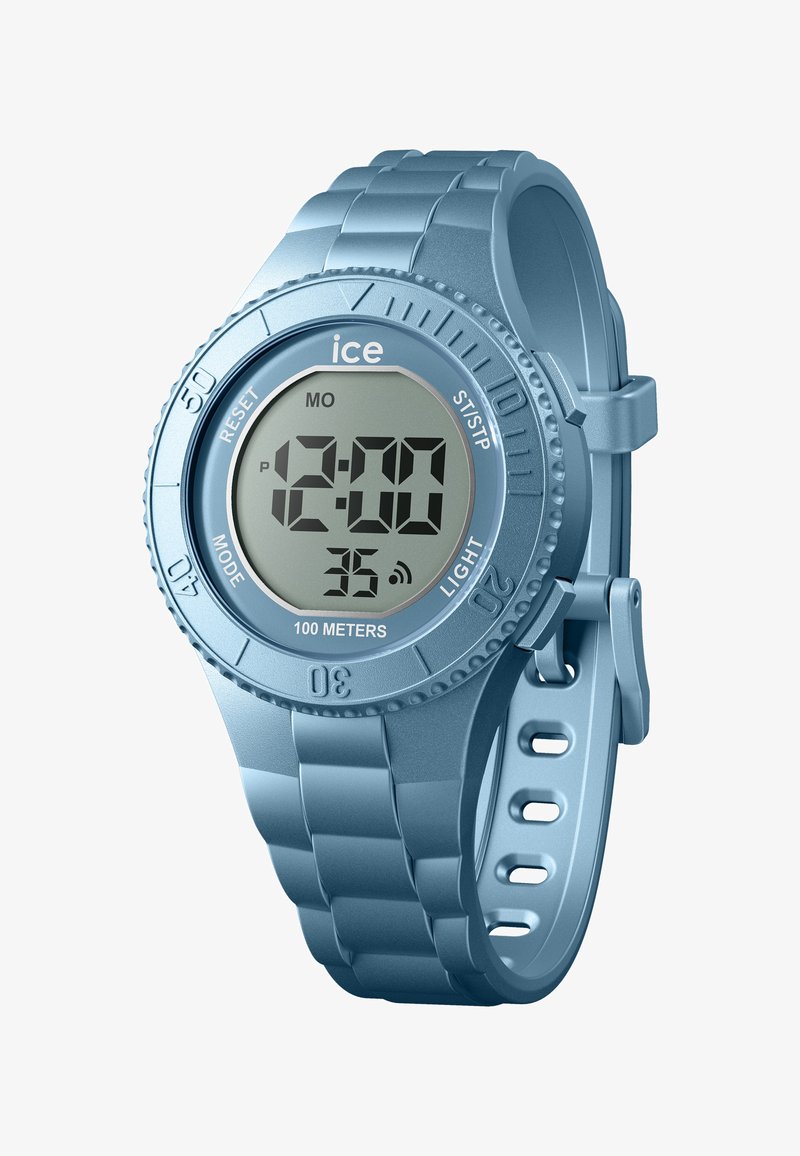 Skaitmeninis laikrodis su šviesiai mėlynu silikono dirželiu ir apvaliu ciferblatu. Savybės: skaitmeninis ekranas, mygtukai režimui ir šviesai, taip pat atsparumas vandeniui iki 100 metrų.