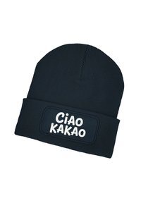 Dark blue knit beanie with a ribbed texture, featuring a rectangular patch that displays the text "Ciao Kakao" in white letters.