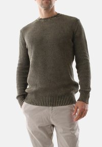 Maglione a maglia verde oliva con texture a coste, scollo rotondo e maniche lunghe. Presenta un'orlo aderente e polsini a righe in contrasto.