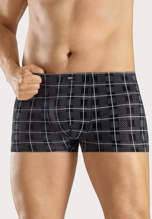 Black and white plaid boxer briefs with a snug fit, featuring an elastic waistband and a soft, textured fabric.