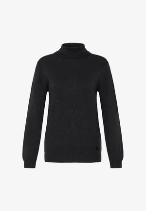 Melnā turtlenecks džemperis, izgatavots no adīta auduma. Iezīmē ilgas piedurknes, ribotas aproces un gludu tekstūru. Minimalistisks dizains bez rakstiem.