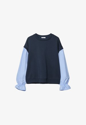 Navy blue sweatshirt with light blue balloon sleeves. Features a crew neckline and elastic cuffs. Made from soft, comfortable fabric.