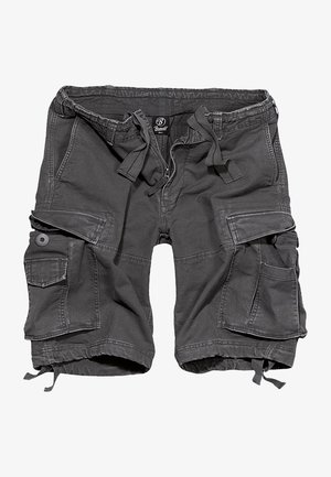 Cargo-shorts i mørkegrått stoff med elastisk midje og snøring. Har flere lommer og et avslappet passformdesign.