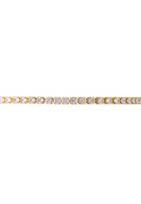 Bracciale dorato con una fila di cristalli trasparenti arrotondati incassati in impostazioni a montatura interbloccata, creando una superficie liscia e uniforme.