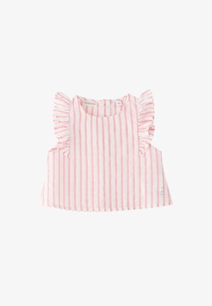 Haut sans manches pour tout-petit à rayures verticales roses et blanches avec des détails à volants sur les épaules et un petit cœur en strass en bas à droite.