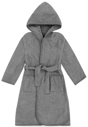 Grauer Kapuzenbademantel mit langen Ärmeln, einem Taillengürtel und zwei vorderen Taschen aus weichem Frotteegewebe.