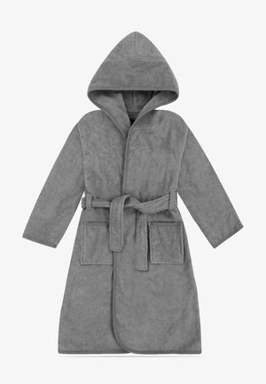 Gray hooded bathrobe with long sleeves, a waist tie belt, and two front pockets made of soft terry cloth fabric.
