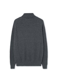 Maglione grigio scuro lavorato a maglia con colletto alto, caratterizzato da polsini e orlo a costine e un tessuto testurizzato. La vista retro mostra una finitura liscia.